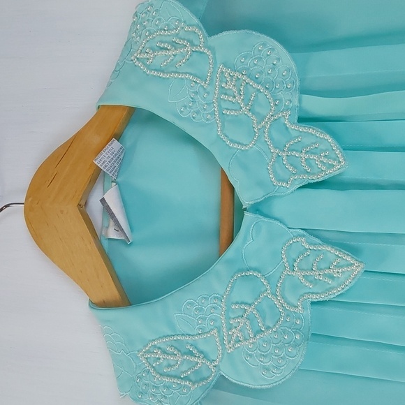 Sellecca Vintage Lite Blue Chiffon Pleated Pearl Embroidered Collar Blouse Sz.16 - Picture 4 of 8